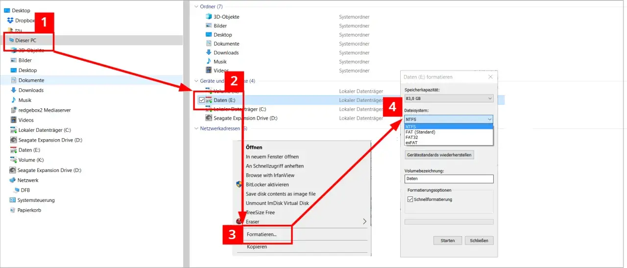 Festplatte im BIOS formatieren: Rechtsklick auf "Daten (E:)", dann "Formatieren..." wählen und das Dateisystem NTFS auswählen.