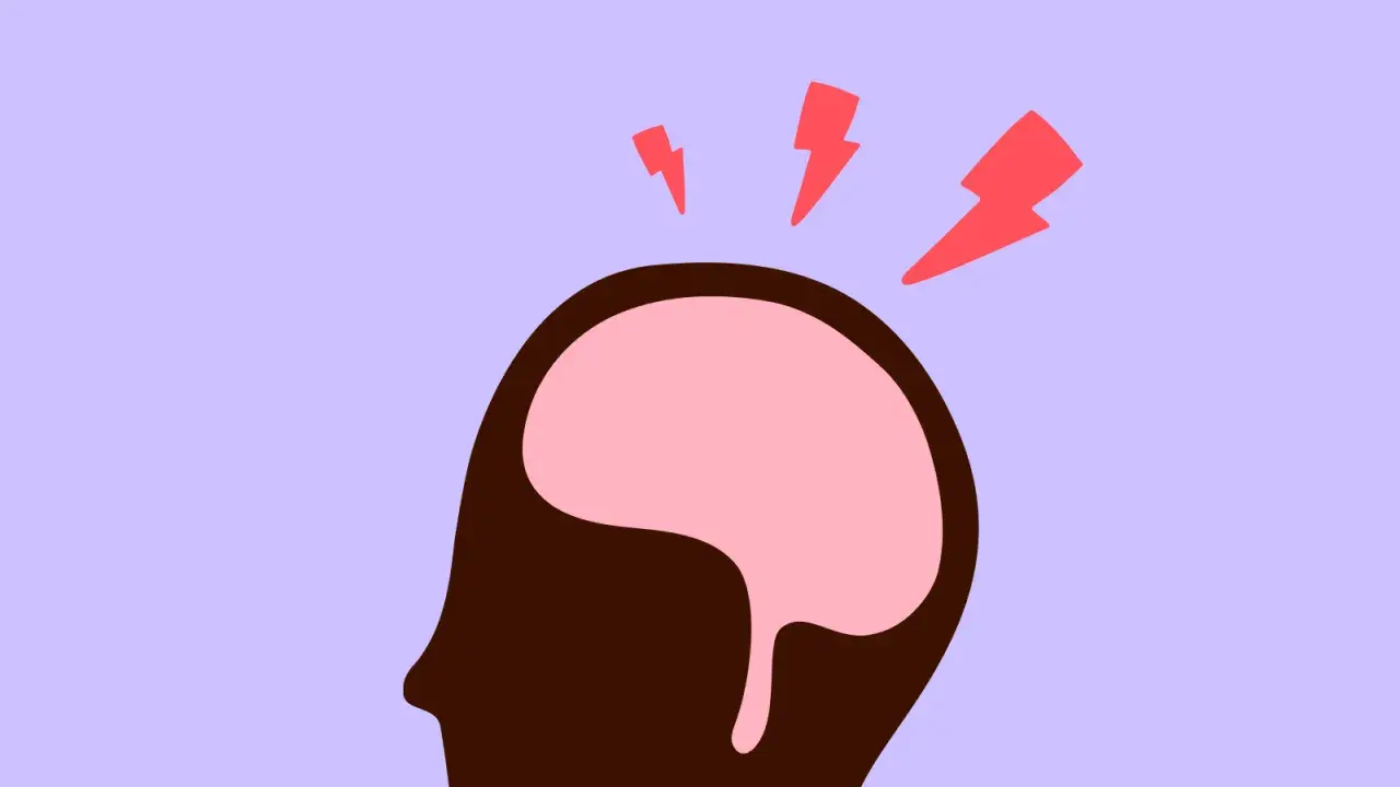 Silhouette de tête avec un cerveau rose et des éclairs rouges symbolisant le soulager céphalée de tension.