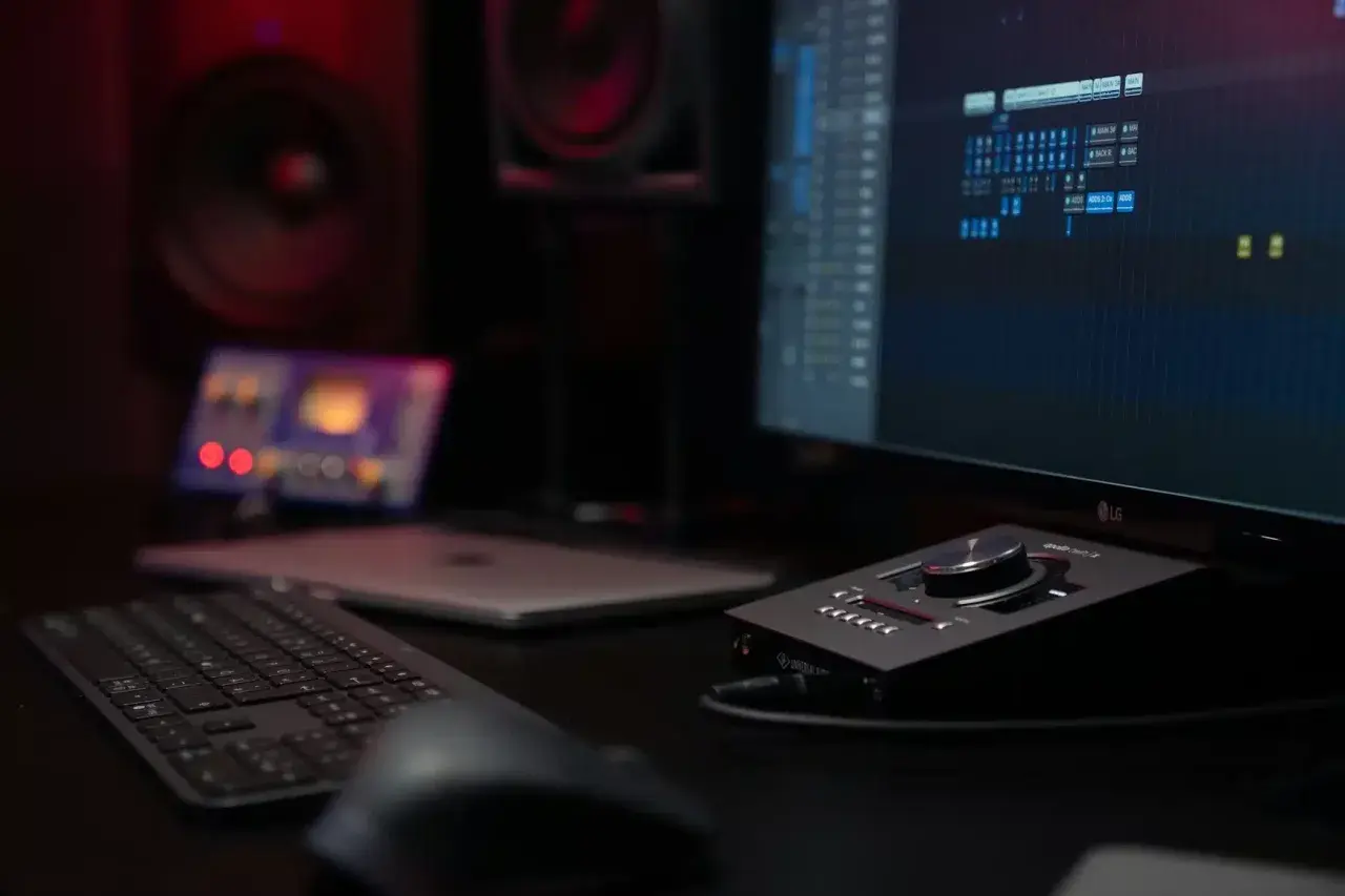 Studio d'enregistrement avec écran affichant une station de travail audio numérique, idéal pour la musique assistée par ordinateur.