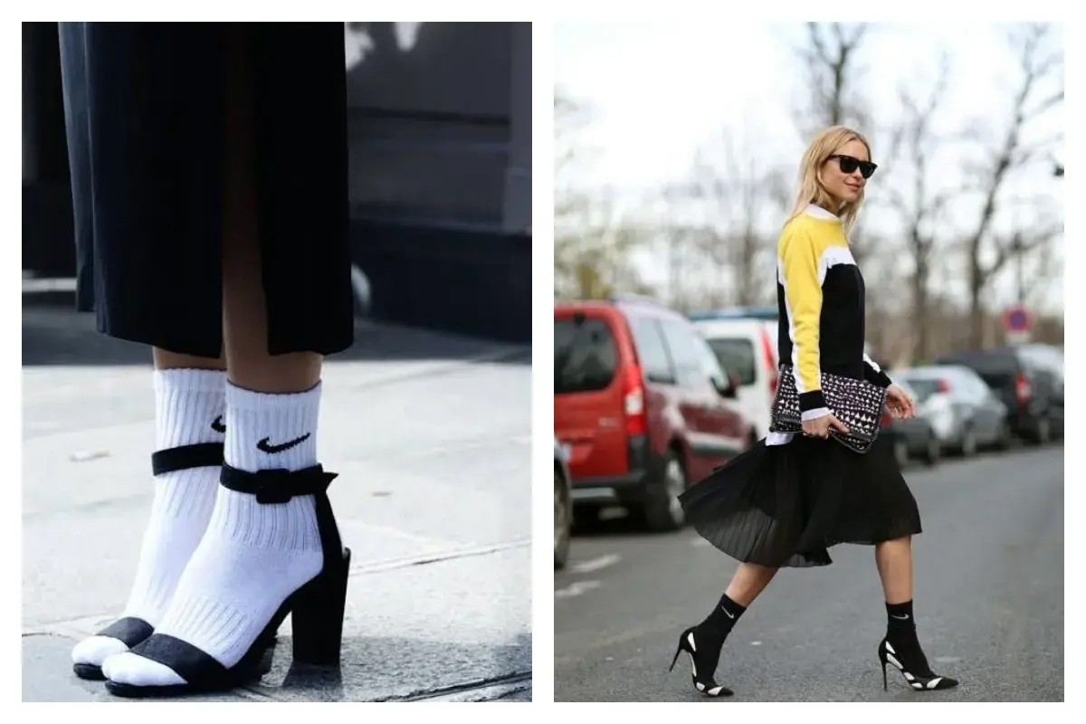 Deux looks audacieux : chaussette par-dessus chaussure avec des sandales à talons et une autre avec des escarpins.