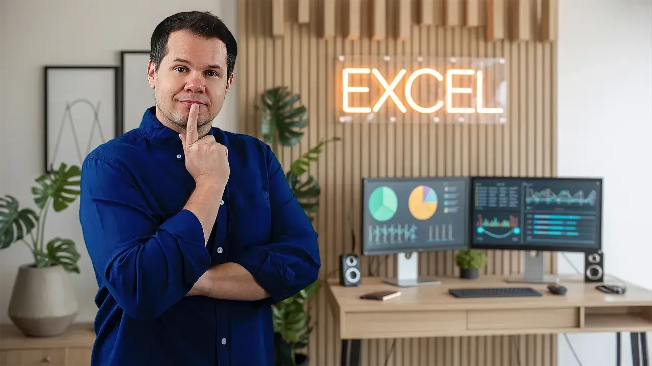 Mężczyzna zastanawia się, jak zrobic wykres w Excel. Na biurku dwa monitory z danymi i wykresami.