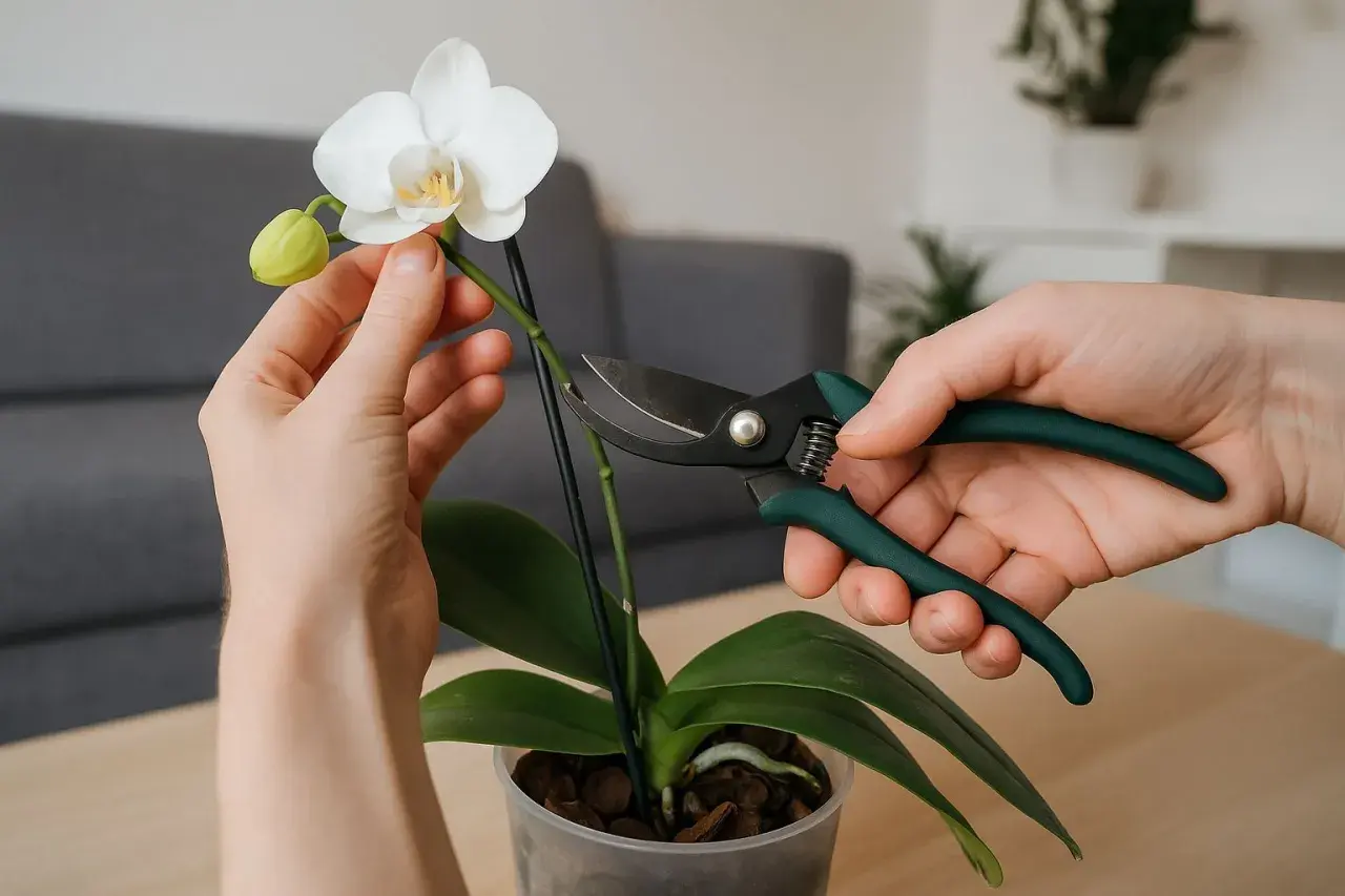 Hände schneiden mit einer Gartenschere einen verwelkten Stiel einer weißen Orchidee, um die Pflanze zu pflegen.