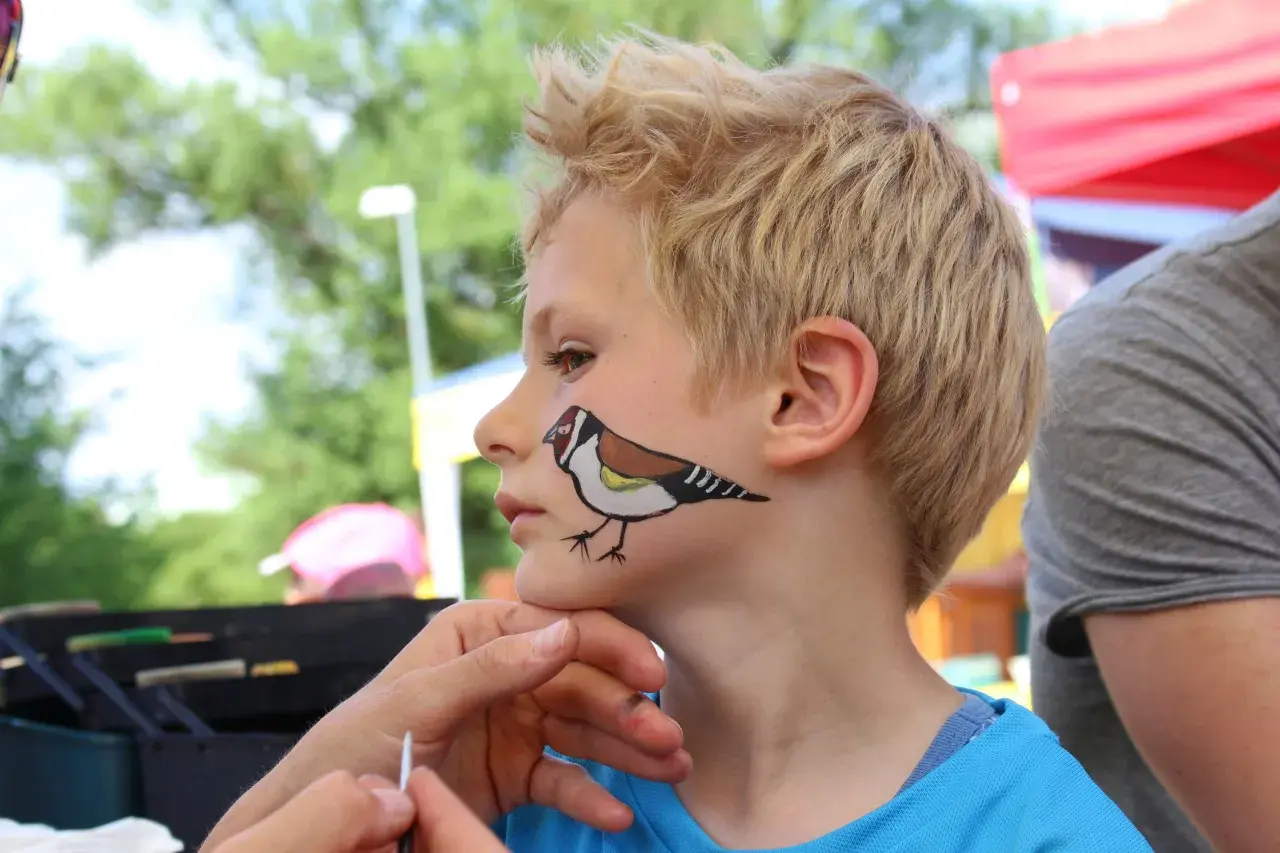 Ein Junge mit einem Vogel im Gesicht, der im Rahmen von "Vogel schminken Kinder" bemalt wird.