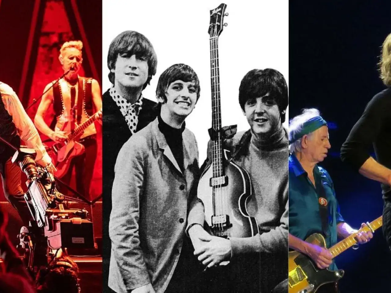 The Beatles i The Rolling Stones, dwa najsłynniejsze brytyjskie zespoły muzyczne, w kolażu.