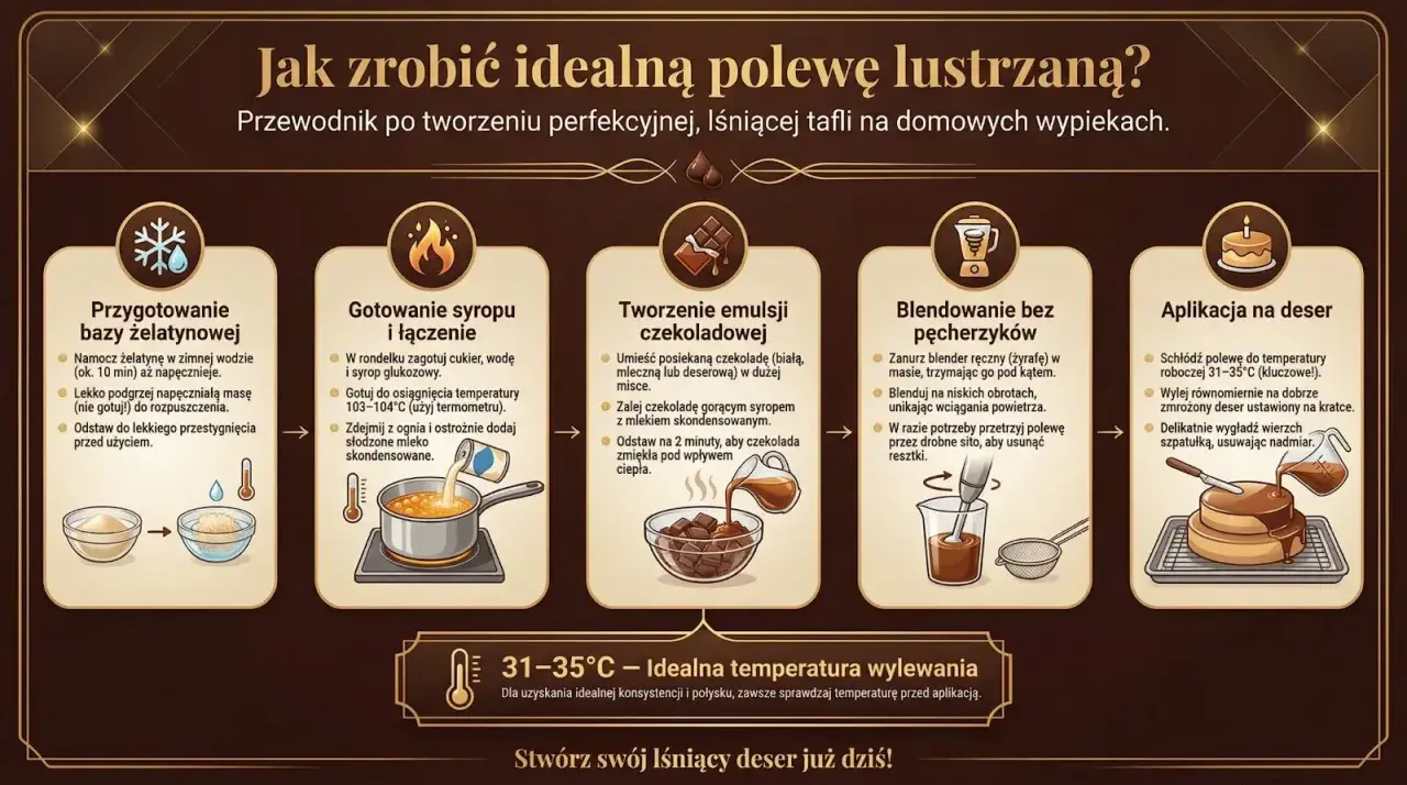 Instrukcja krok po kroku, jak przygotować idealną polewę lustrzaną z żelatyną. Proces obejmuje gotowanie syropu, tworzenie emulsji czekoladowej i blendowanie.
