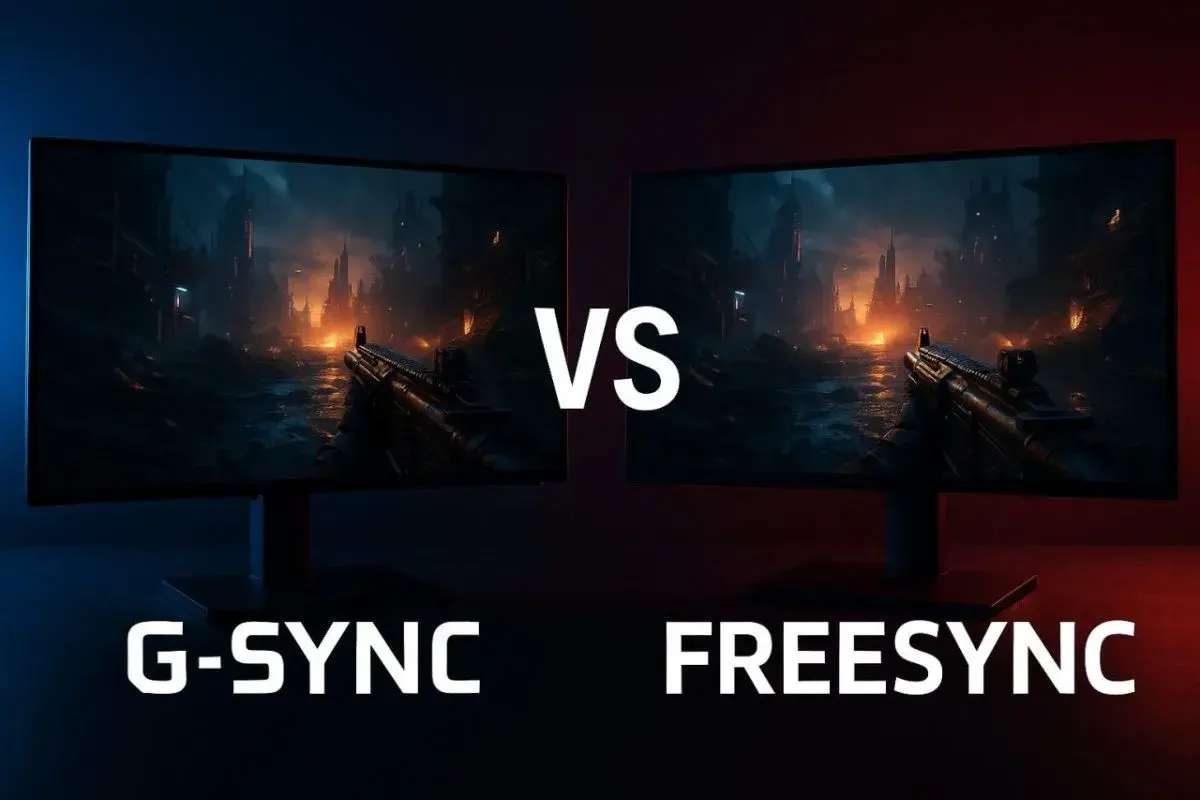 Deux écrans affichant une scène de jeu post-apocalyptique. L'un est marqué G-SYNC, l'autre FreeSync.