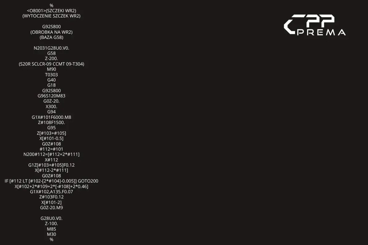 Fragment kodu programu CNC do obróbki skrawaniem. Widoczny jest fragment kodu G-code, zawierający komendy sterujące maszyną.