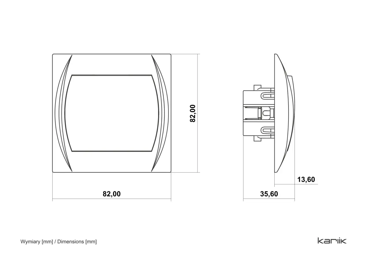 Rysunek techniczny łącznika dwubiegunowego z wymiarami 82x82 mm i głębokością 35,6 mm.