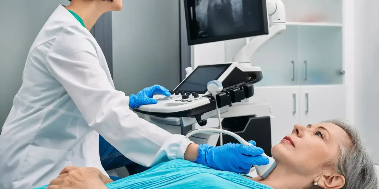 Lekarz wykonuje USG szyi pacjentki, badając potencjalne uszkodzenie nerwu krtaniowego po operacji tarczycy.