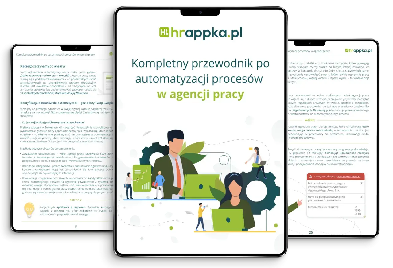 Kompletny przewodnik po automatyzacji procesów w agencji pracy. Grafika przedstawia ekrany urządzeń z artykułem o automatyzacji procesów w agencji pracy.