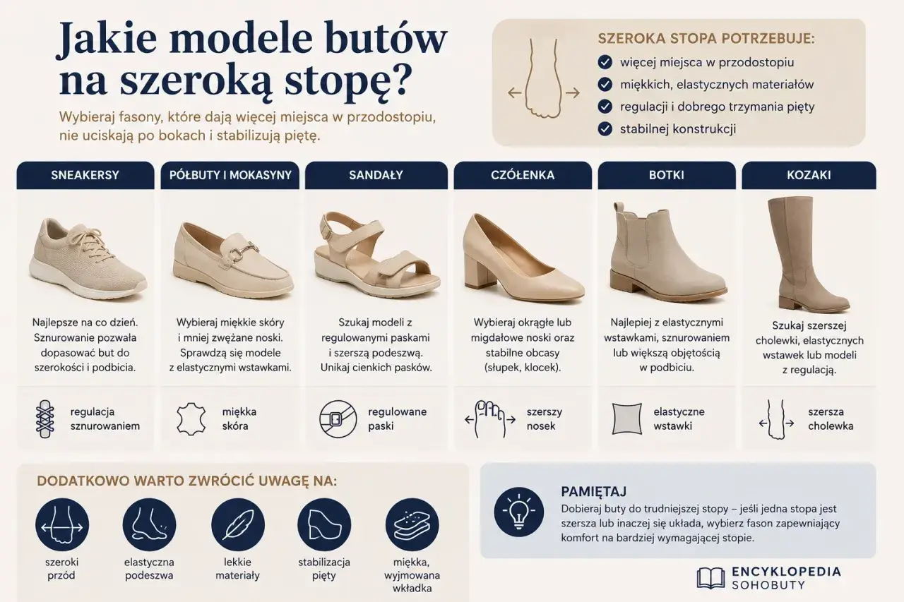 Buty na szeroką stopę: sneakersy, półbuty, sandały, czółenka, botki, kozaki. Szukaj modeli z szerszym przodem i elastycznymi materiałami.