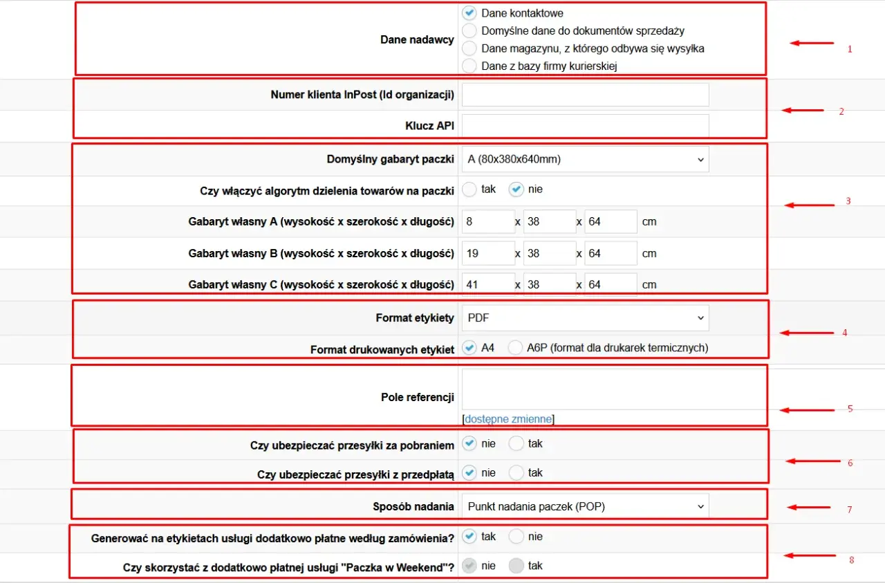 Ustawienia InPost: dane nadawcy, gabaryty paczek, format etykiet, ubezpieczenia, sposób nadania. Po wybraniu opcji "tak" dla "Paczka w Weekend", przesyłka **inpost przekazano do doręczenia** szybciej.