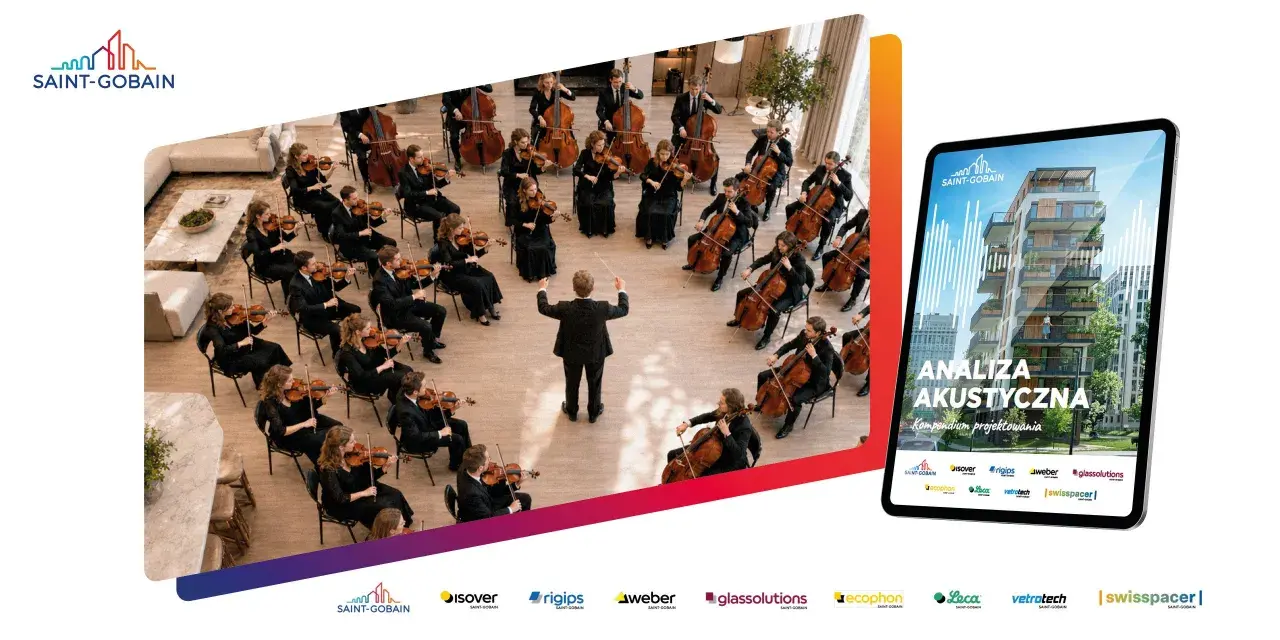 Orkiestra symfoniczna grająca w nowoczesnym wnętrzu, a obok tablet z analizą akustyczną budynków Saint-Gobain.