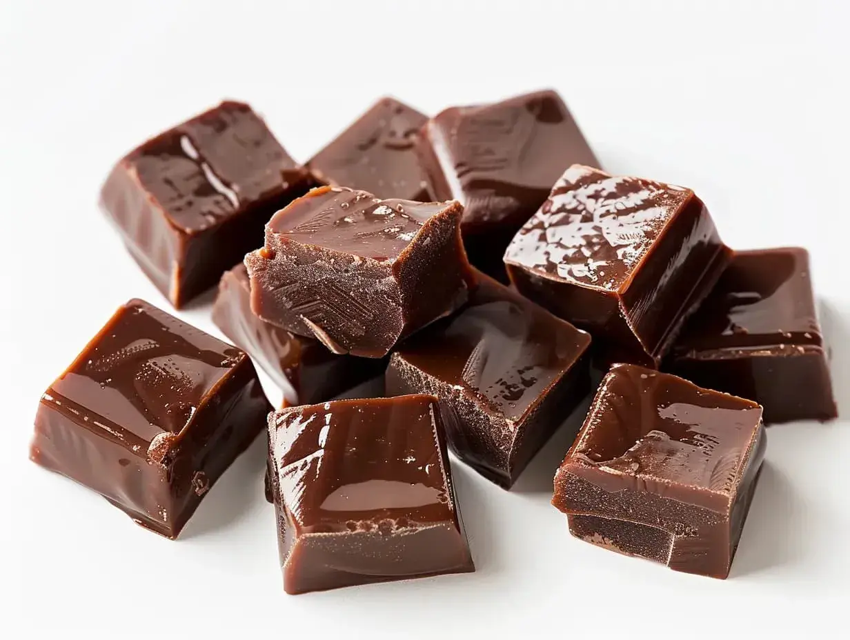 En hög med glansiga, mörka chokladbitar. Perfekt för ett enkelt chokladkola recept.