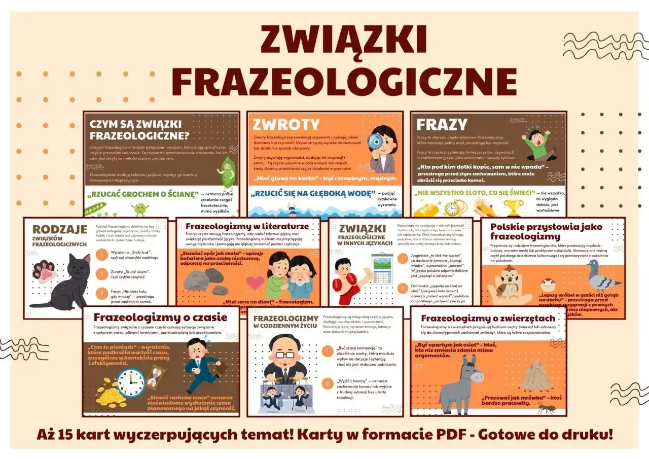 Ilustracja przedstawia kolaż z grafikami i tekstem na temat związków frazeologicznych.