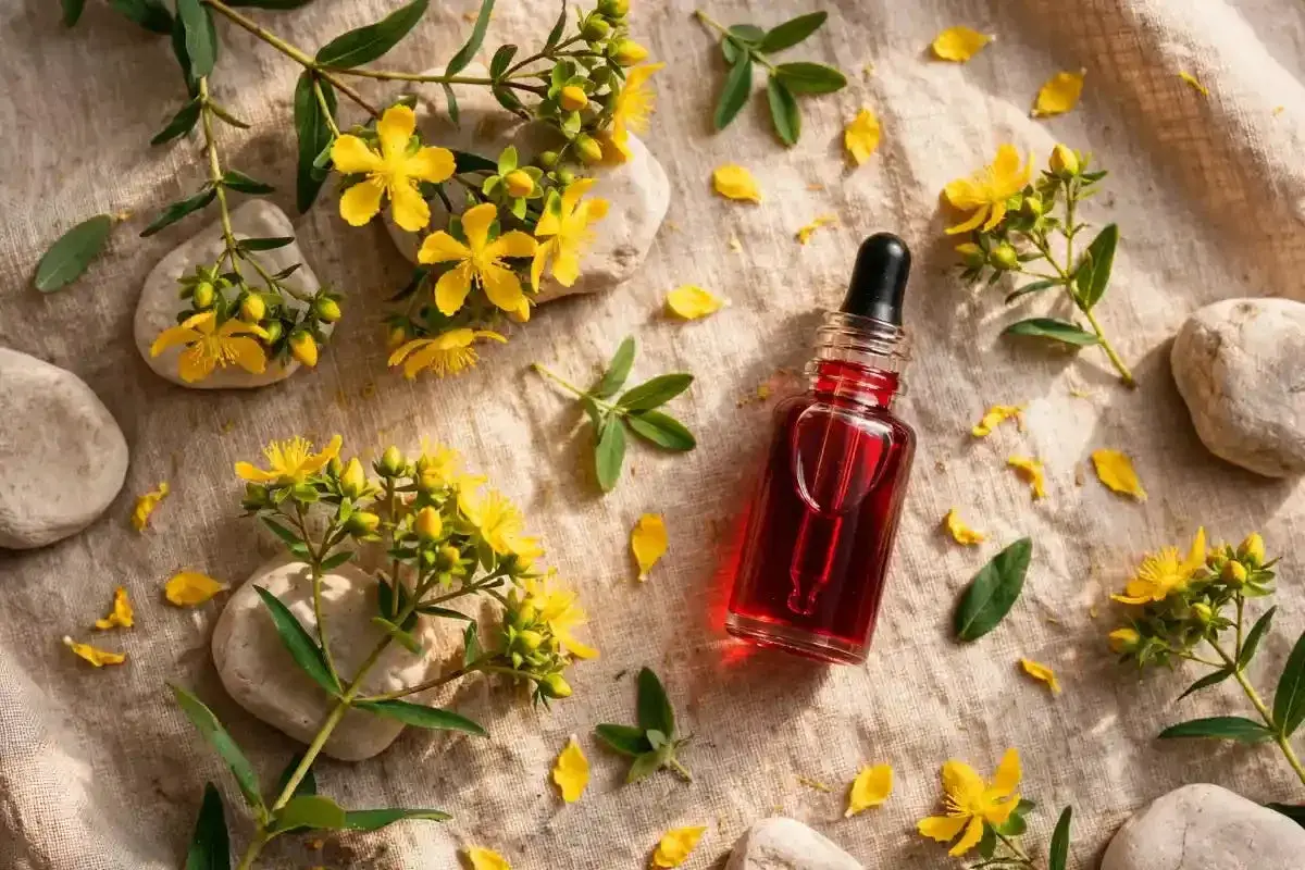 Frasco de aceite hiperico rojo vibrante rodeado de flores amarillas, hojas verdes y piedras lisas sobre tela rústica.
