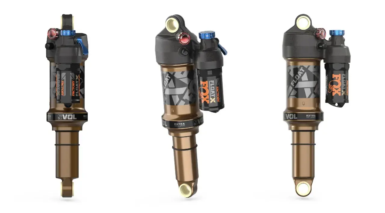 Three views of a Fox Float X Factory shock absorber, designed for mountain bikes, featuring a bronze body and black accents.