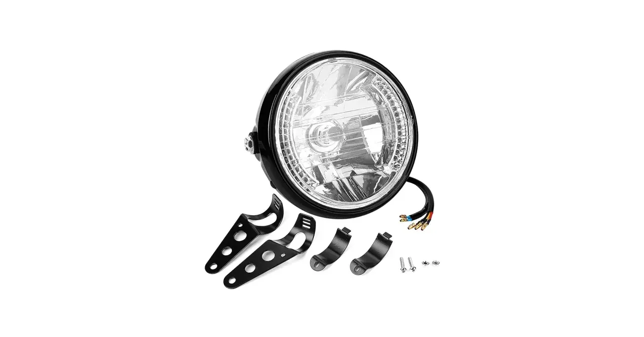 Faro anteriore moto universale nero con staffe di montaggio e cavi. Ideale per personalizzare la tua moto.