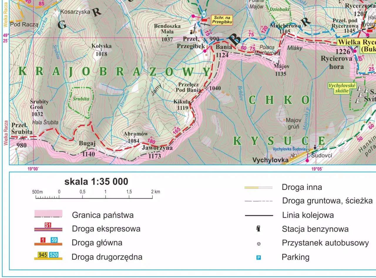 Mapa turystyczna Beskidu Żywieckiego z zaznaczonymi atrakcjami, szlakami i drogami.