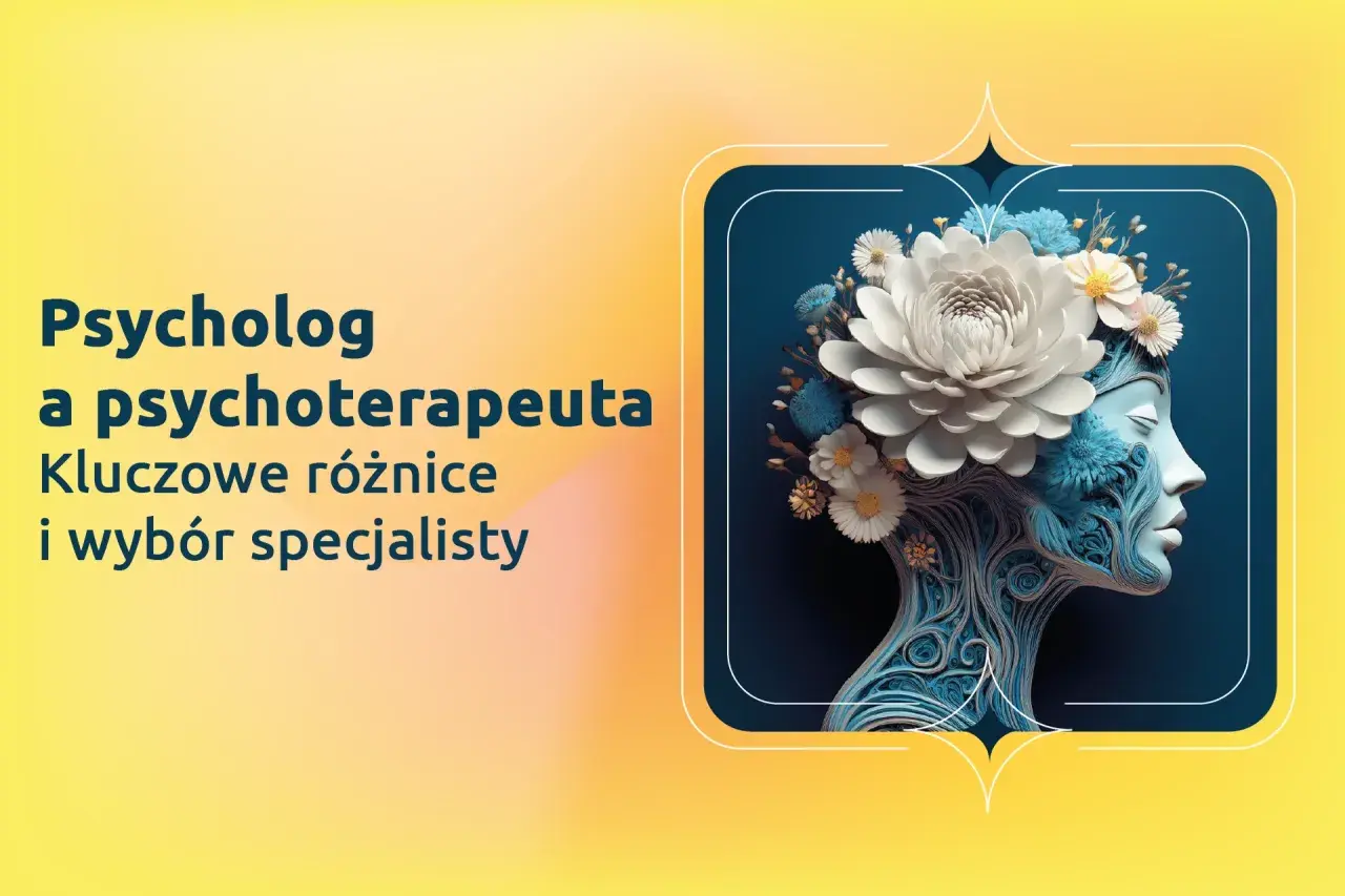 Psycholog a psychoterapeuta: kluczowe różnice i wybór specjalisty. Stylizowana głowa ozdobiona kwiatami symbolizuje drogę do zdrowia psychicznego.