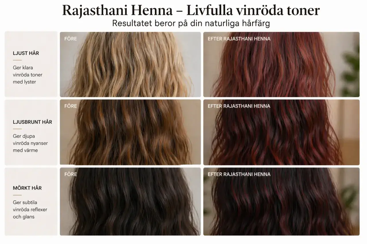 Före- och efterbilder visar hur herbique henna kastanjebrun ger livfulla vinröda toner på ljust, ljusbrunt och mörkt hår.