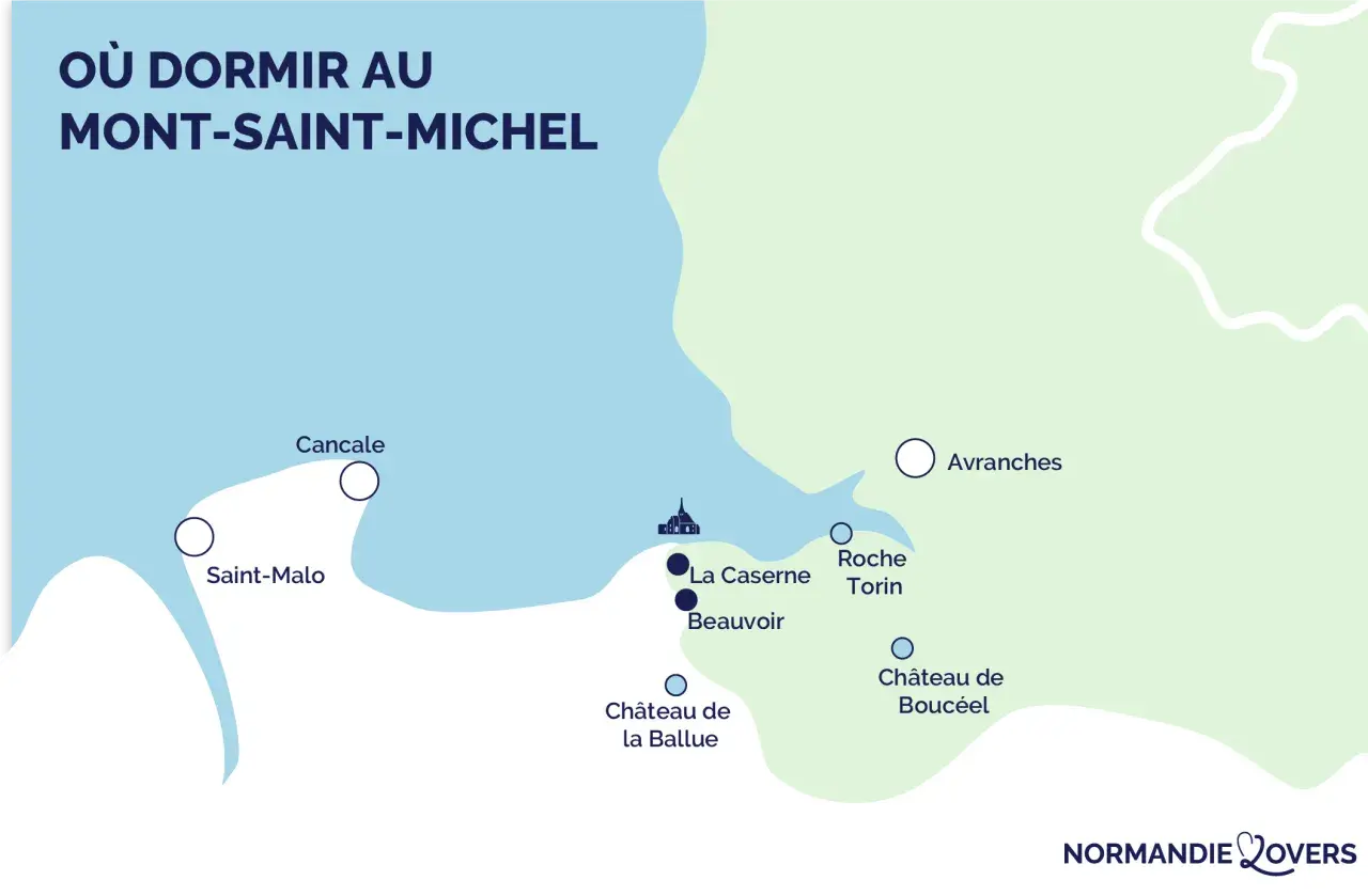Carte des options d'hébergement près du Mont-Saint-Michel, incluant des lieux comme Saint-Malo et Avranches. Idéal pour planifier votre séjour en camping-car.