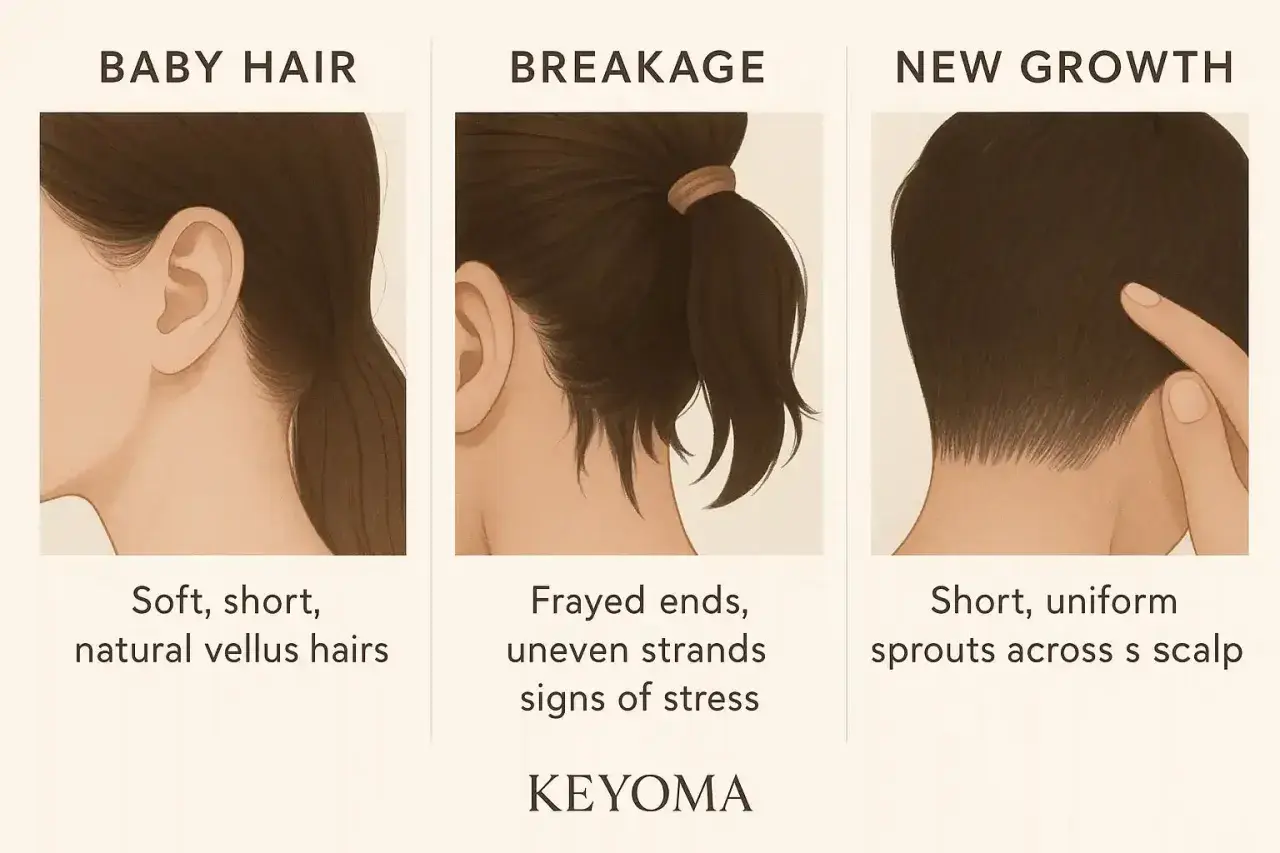 Ilustraciones de cabello: vello fino, puntas rotas y nuevo crecimiento. El nuevo crecimiento se ve como brotes cortos y uniformes en el cuero cabelludo.