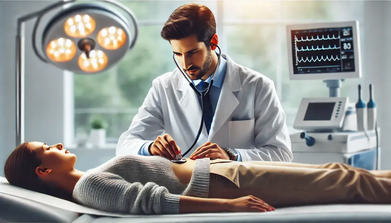 Doctor in white coat using stethoscope on patient lying on examination table, with medical equipment in background.