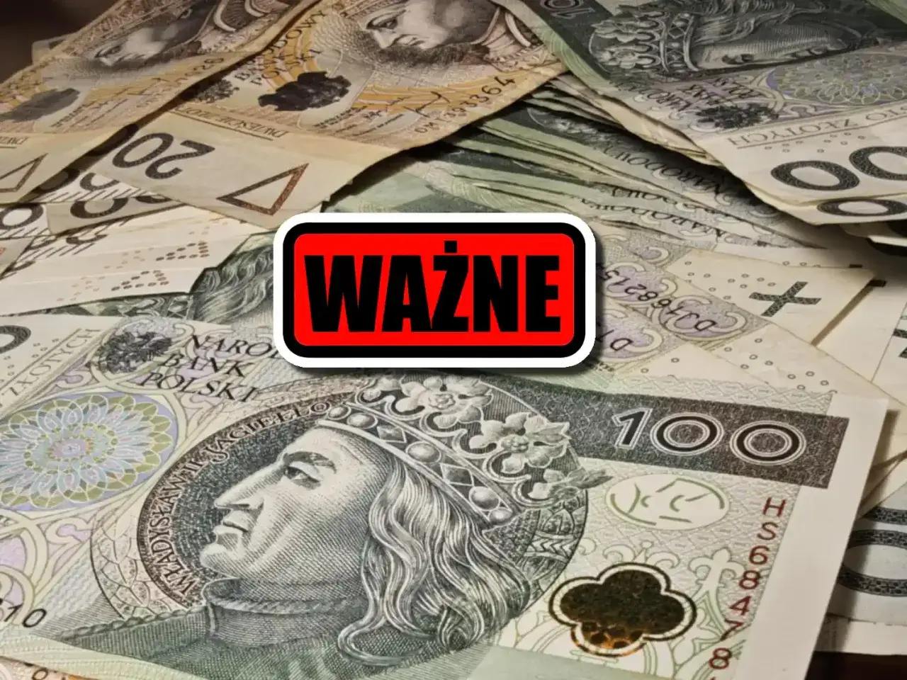 Stos banknotów 100 zł i 20 zł. Napis "WAŻNE" sugeruje informacje o najbezpieczniejszych bankach w Polsce.