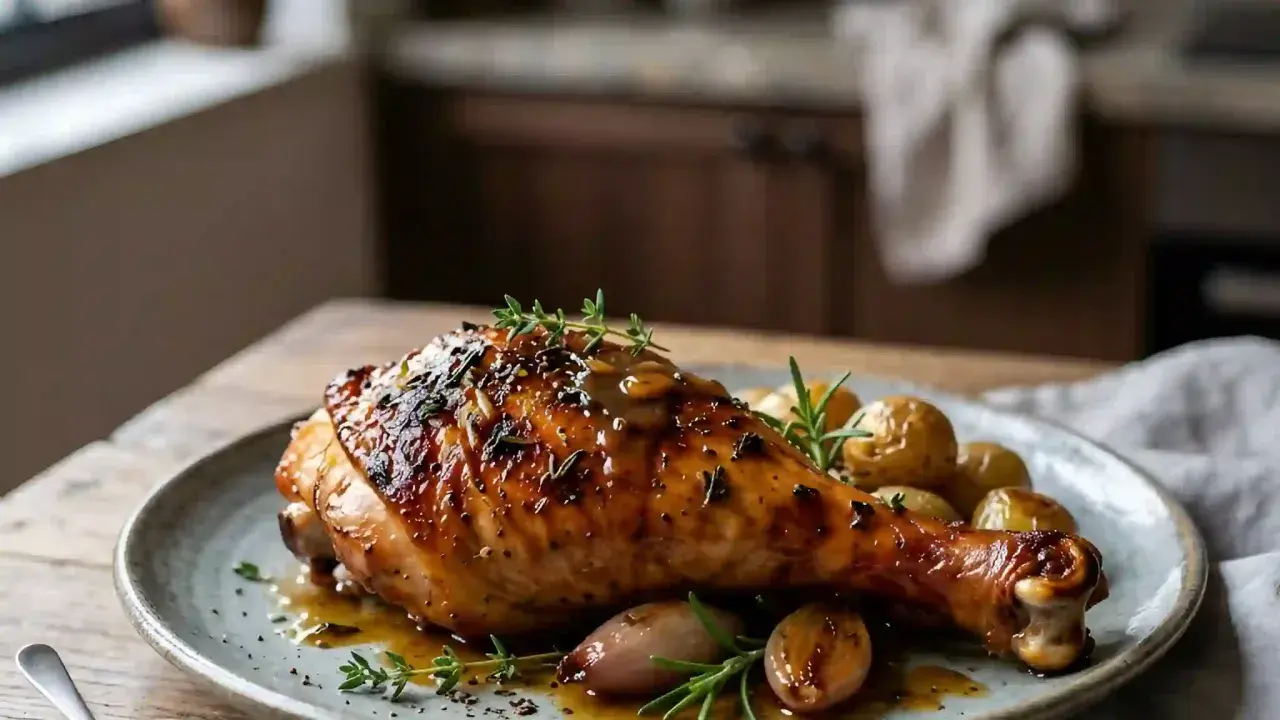 Une savoureuse cuisse de dinde au four, dorée et nappée d'une sauce onctueuse, accompagnée de pommes de terre rôties et d'aromates.