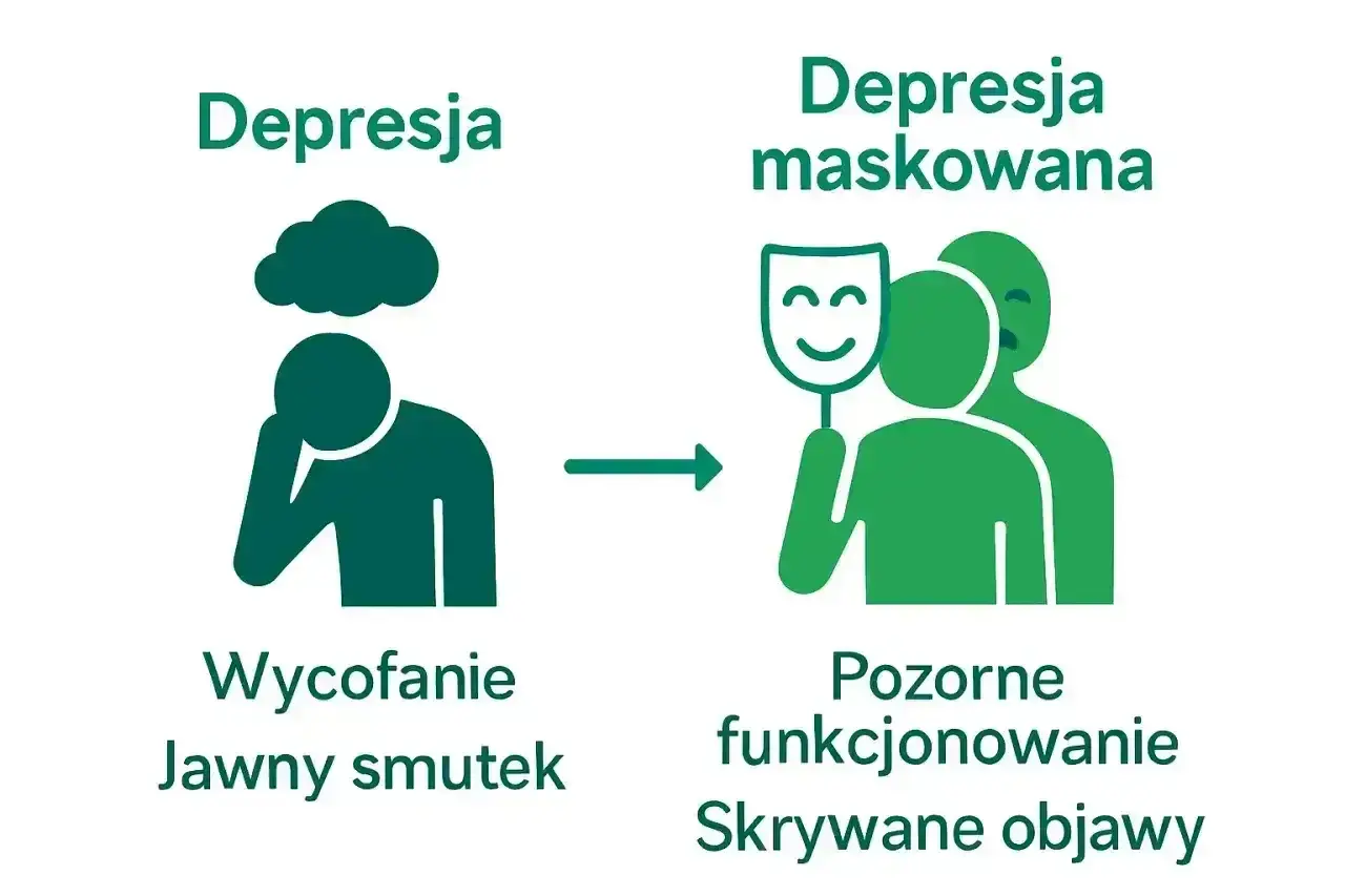 Ilustracja pokazuje przejście od jawnego smutku i wycofania do pozornego funkcjonowania i ukrytych objawów, czyli depresji maskowanej.