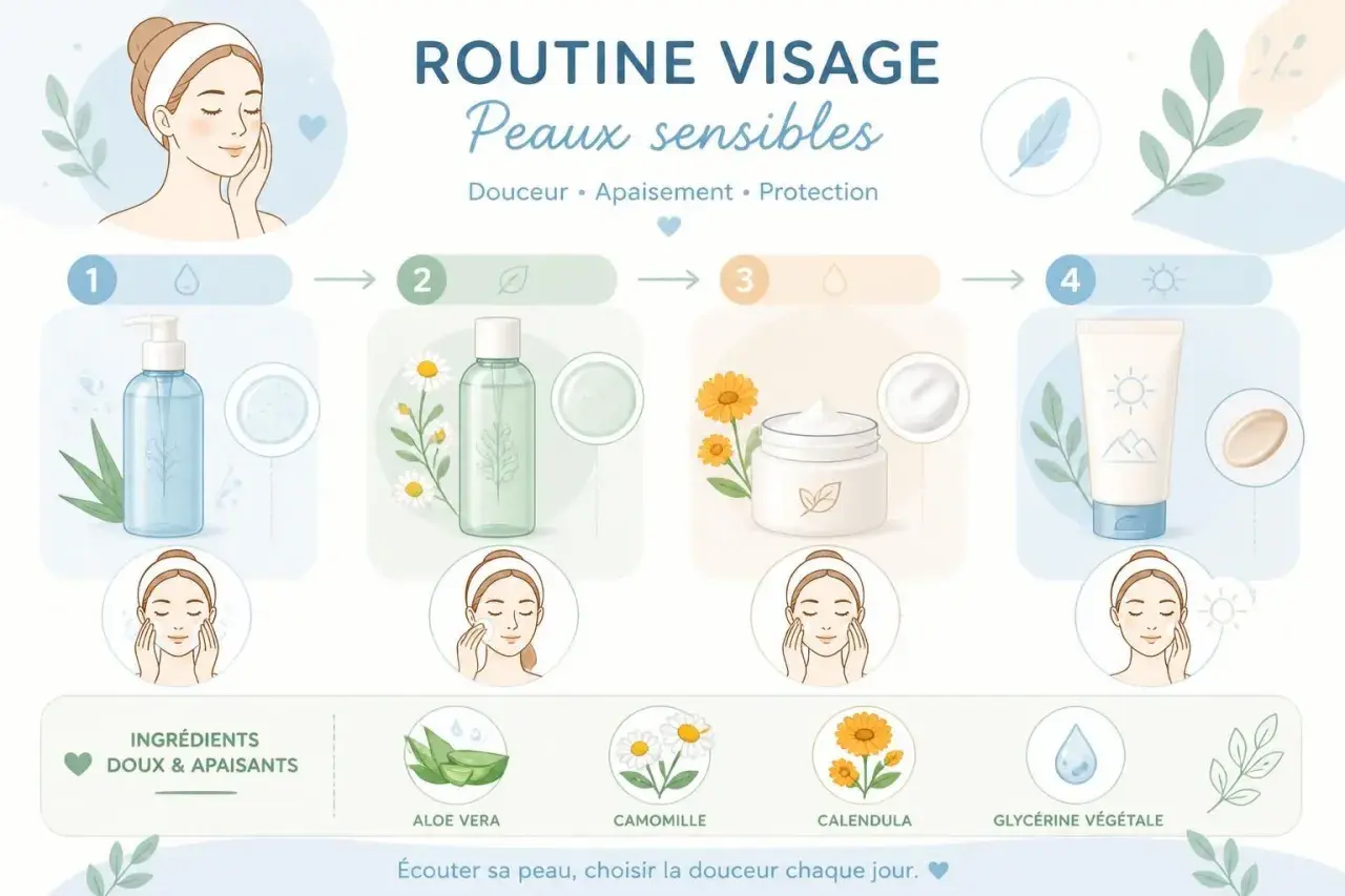 Routine visage pour peaux sensibles : 4 étapes avec aloe vera, camomille et calendula. Un conseil beauté pour une peau douce et apaisée.