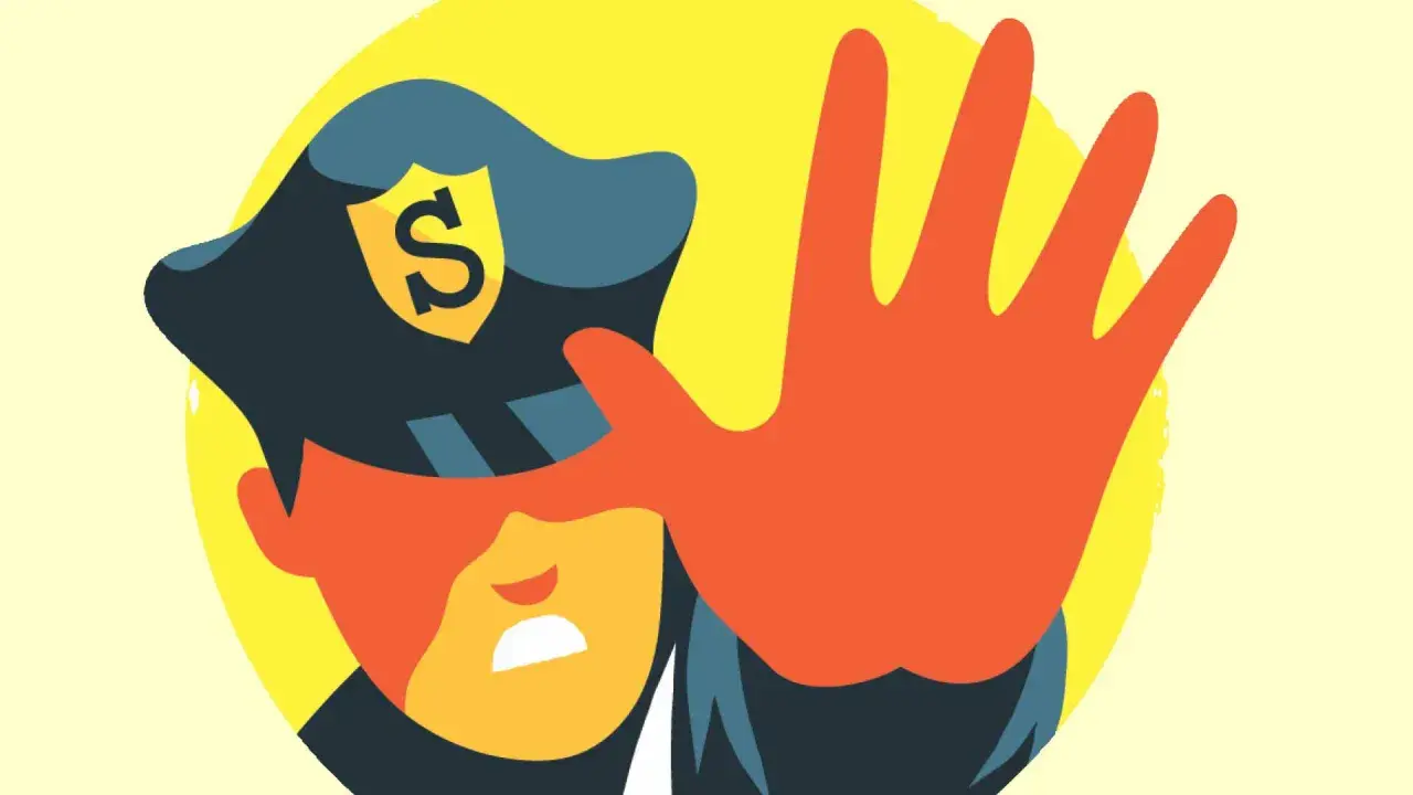 Polis med stor hand som stoppar, motsats till litet.
