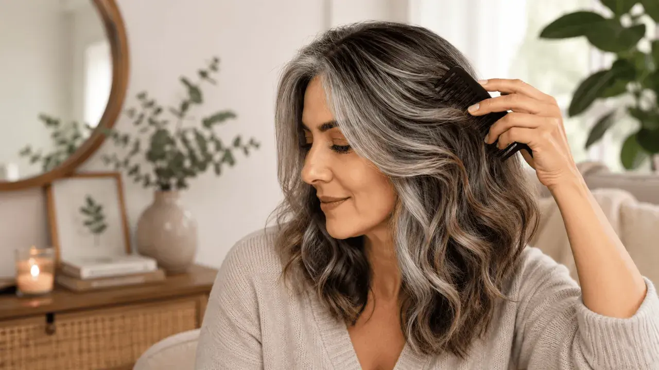 Mujer peinando su hermoso pelo canoso, con mechones plateados que resaltan su estilo natural.