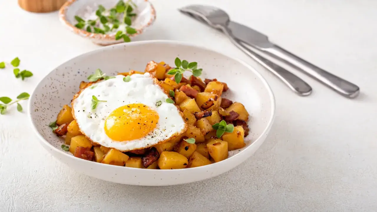 Un œuf au plat sur des pommes de terre sautées avec des lardons, une idée parfaite avec quoi accompagner des œufs pour un repas savoureux.