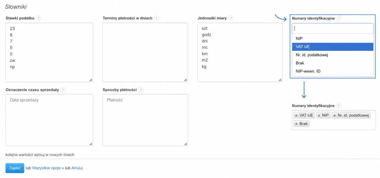 Wybór "VAT UE" z listy numerów identyfikacyjnych. Nazwa rejestru i numer wpisu w rejestrze.