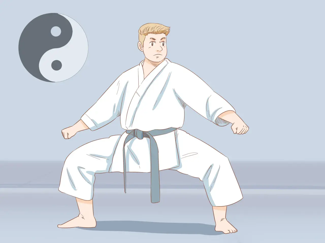 Chłopiec w białym karate gi, z szarym pasem, w pozycji bojowej. Obok symbol Yin i Yang. Poznaj nazwy sztuk walki.