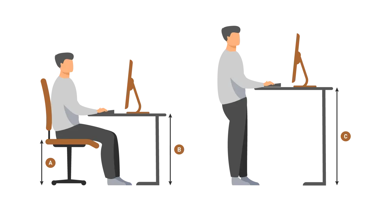 Illustrazione mostra un uomo seduto e in piedi al computer, con frecce che indicano le altezze. Aiuta a capire qual è l'altezza del piano di lavoro ideale.