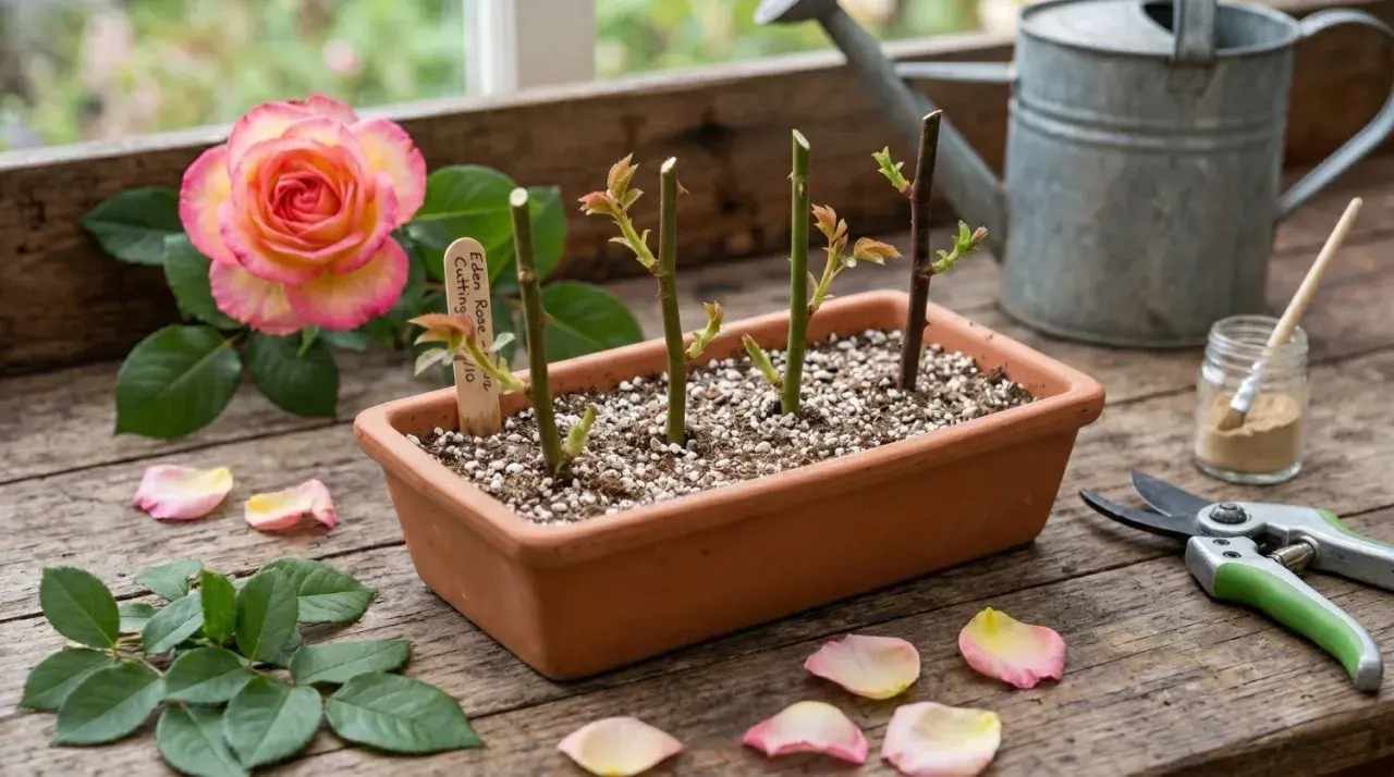 Boutures de rosier en terre, prêtes à prendre racine. Une belle rose rose et jaune à côté, ainsi que des pétales et des feuilles.