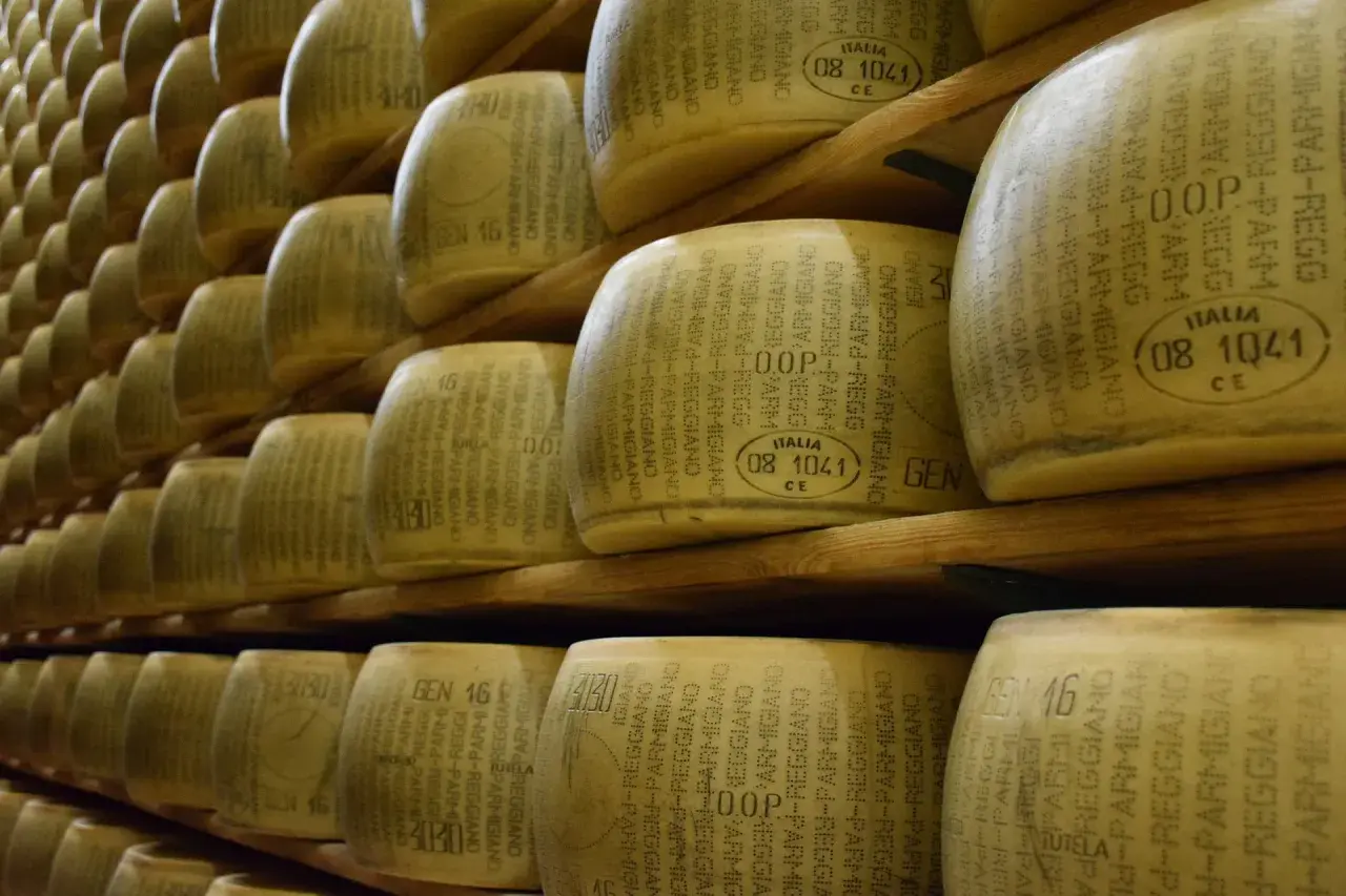 Quesos Parmigiano-Reggiano apilados en estanterías de madera. En España, como se llama el queso parmesano es Parmesano.