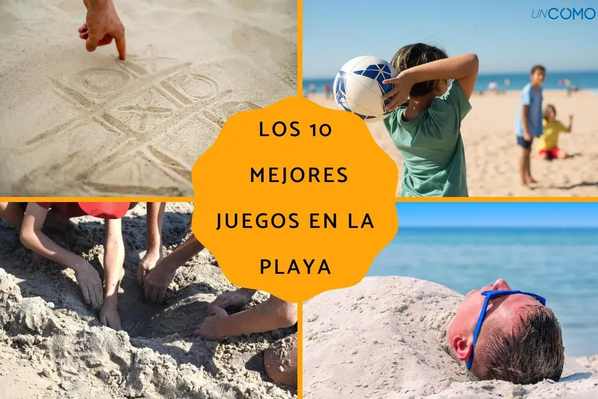 Cuatro escenas de juegos en la playa: un gato y un perro dibujados en la arena, un niño con un balón, niños cavando en la arena y un hombre enterrado en la arena.