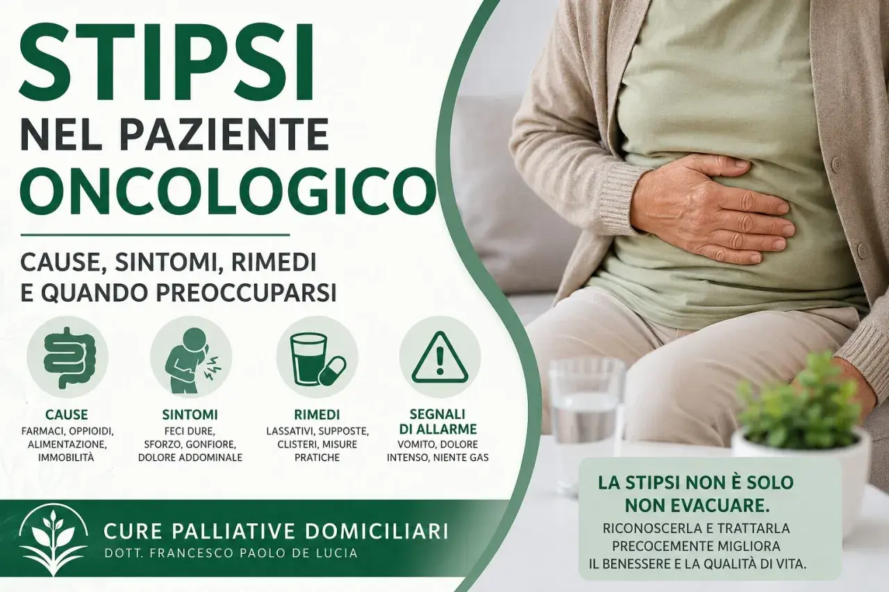 Donna con mano sull'addome, soffre di stipsi e difficoltà a evacuare. Informazioni su cause, sintomi e rimedi per la stipsi nel paziente oncologico.