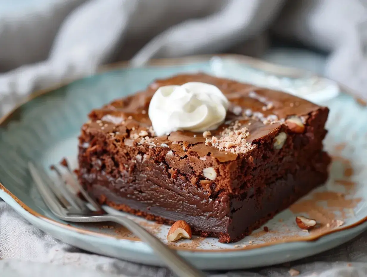 En bit fudgy brownie med hasselnötter och en klick grädde på en blå tallrik.