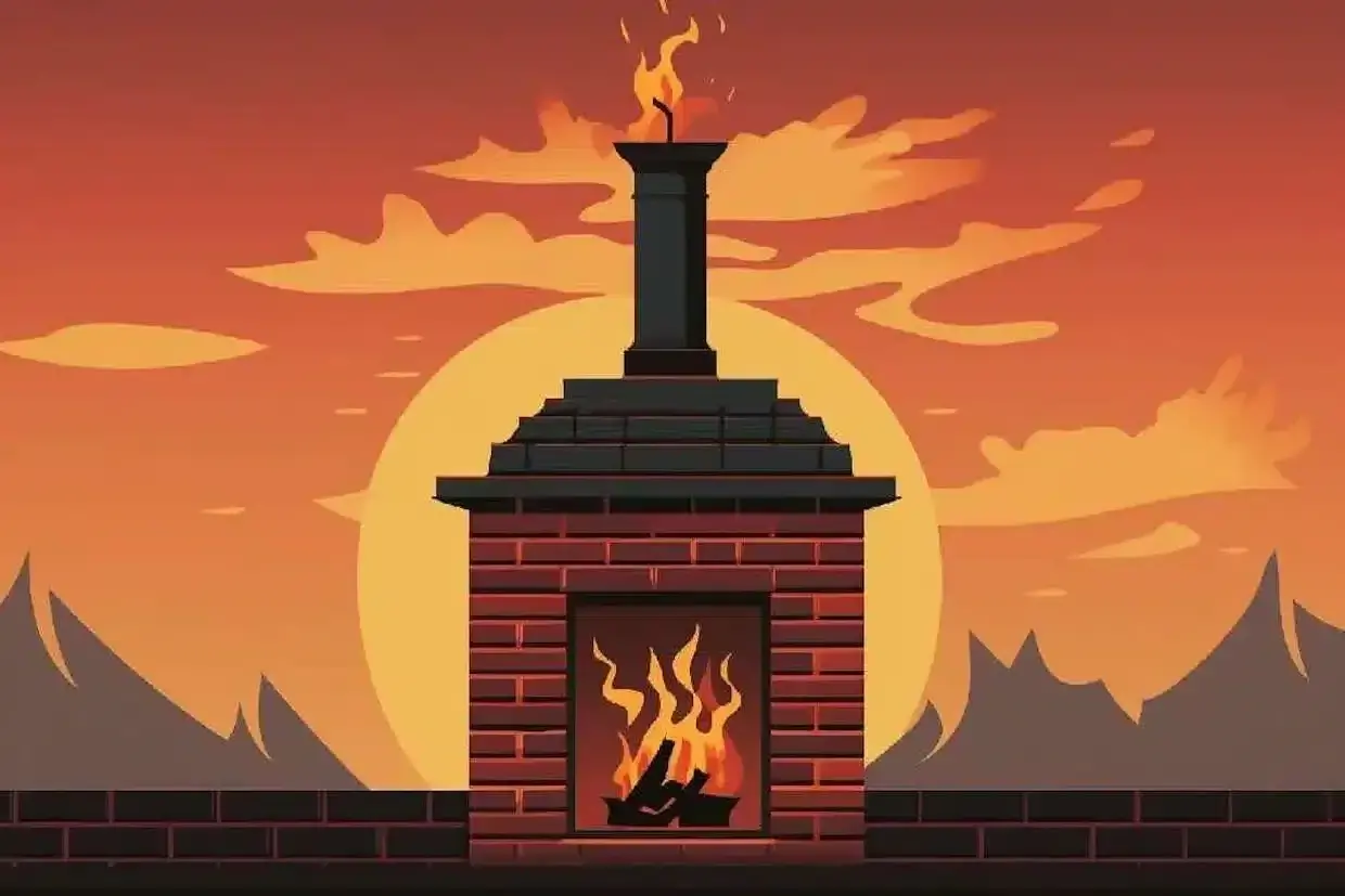 Chimenea de ladrillo con fuego y humo ascendiendo. El humo de la chimenea es malo para el aire, especialmente con este atardecer anaranjado.