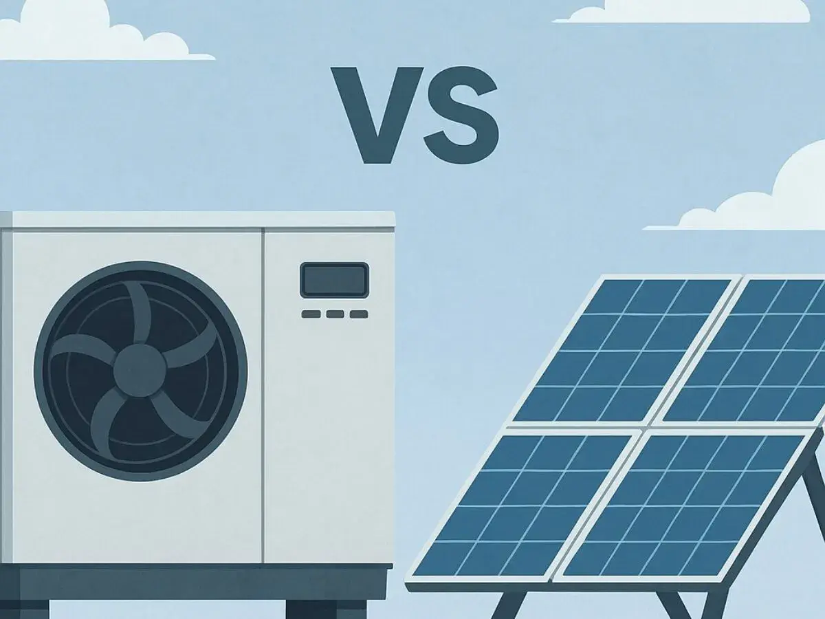 Unidad de aerotermia frente a placas solares, comparando dos opciones de energía sostenible para el hogar.