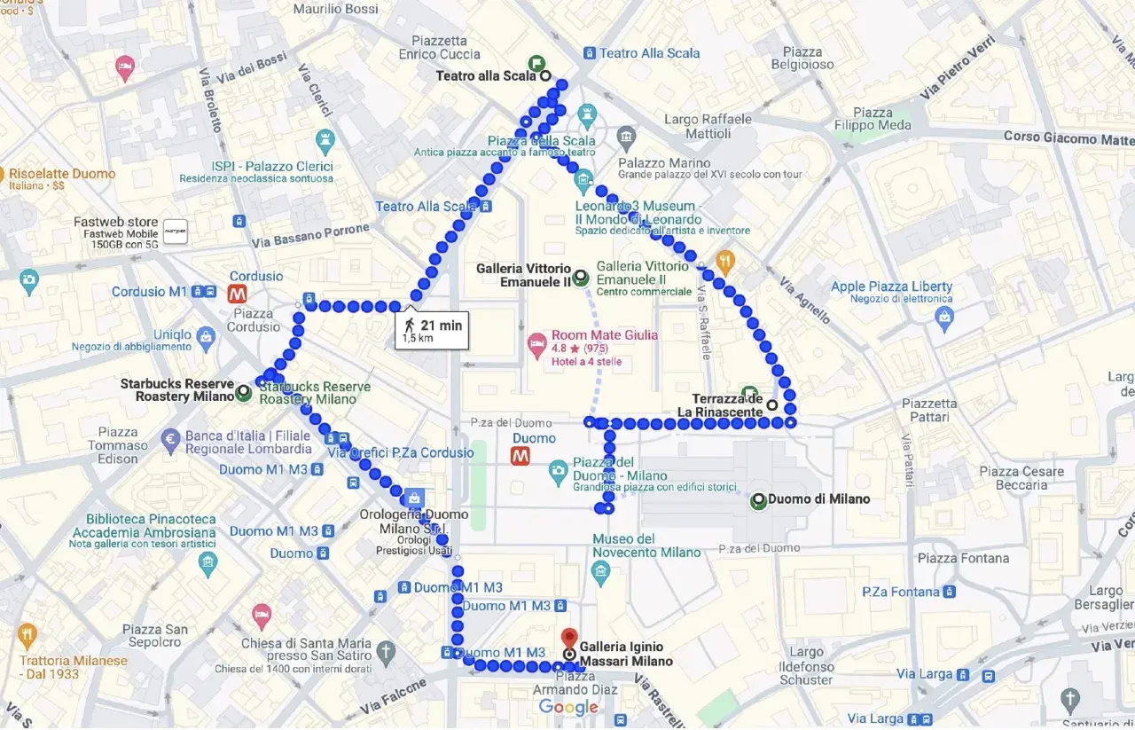 Percorso a piedi per cosa vedere a Milano in due giorni: Duomo, Galleria Vittorio Emanuele II, Teatro alla Scala, Piazza del Duomo.