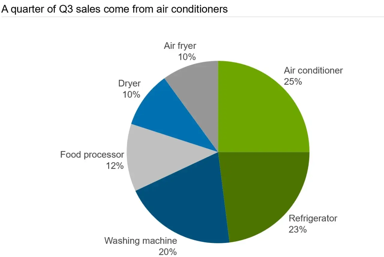 Grafico a torta che mostra le vendite del Q3: i condizionatori d'aria rappresentano il 25%.