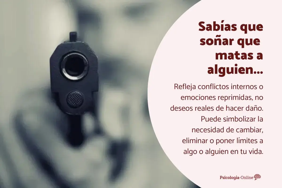 Pistola apuntando directamente. El texto explica que soñar que matas a alguien refleja conflictos internos, no deseos de hacer daño.