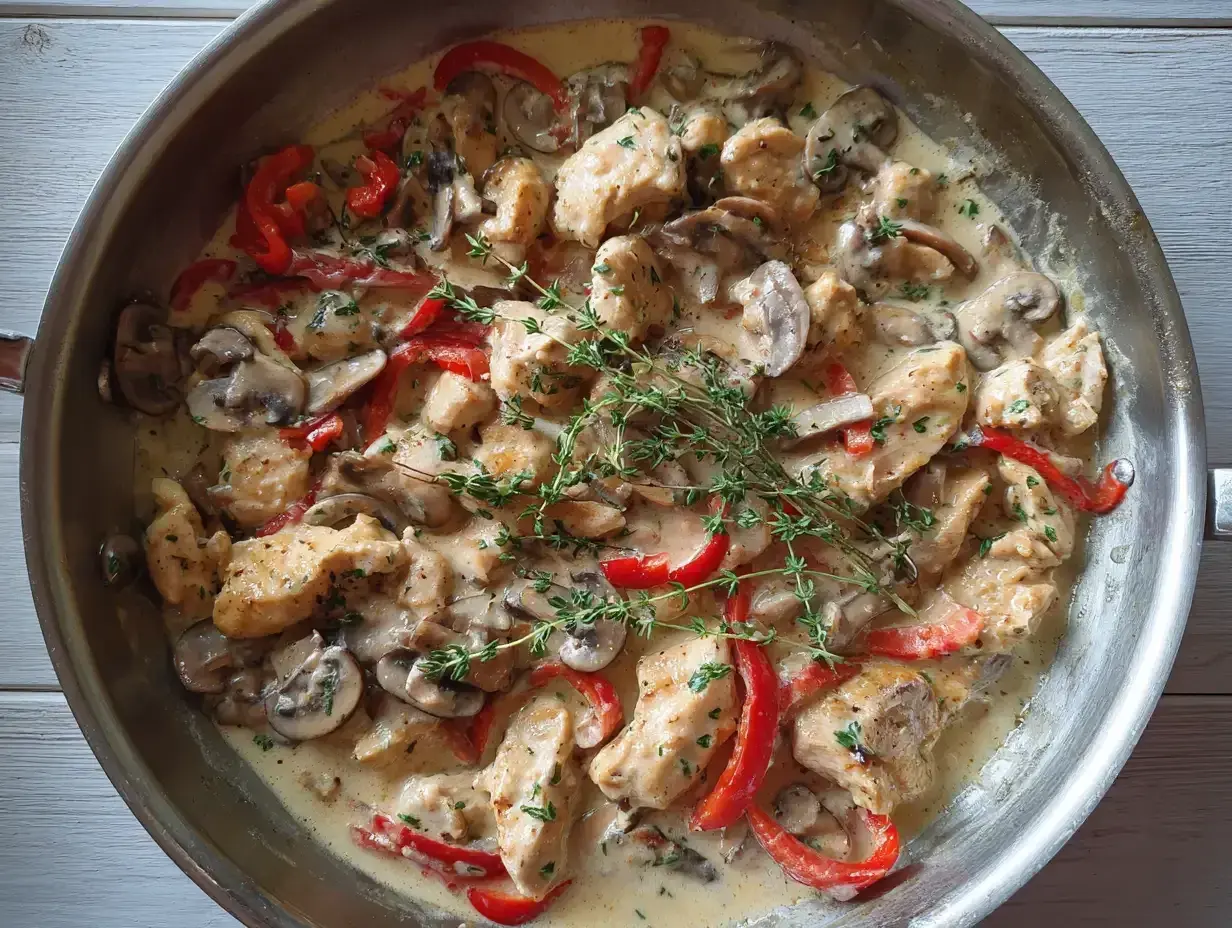 Kyckling med creme fraiche, svamp och paprika i en krämig sås, toppad med färsk timjan. En härlig middag!