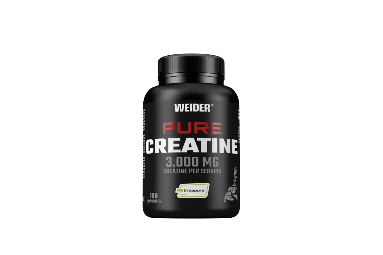 Suplement diety Weider Pure Creatine w kapsułkach, 3000 mg kreatyny na porcję. Idealny dla osób trenujących na siłowni, wspierający budowę masy mięśniowej.